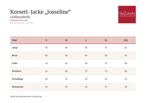 Größentabelle Korsett-Jacke Josseline: Länge, Brust, Taille, Schultern, Ärmellänge und Ärmelweite in cm, Größen S bis XXL