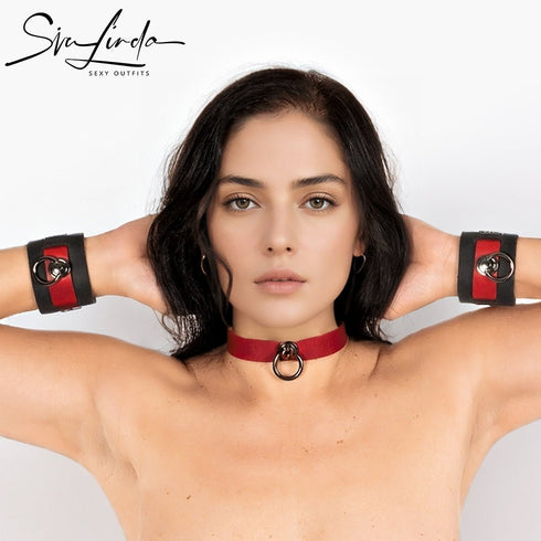 Komplettset aus Halsband, Armband oder Fußfesseln und Leine schwarz - rot Classic - Sparset! - SiaLinda.com