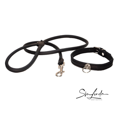 Set aus Elchleder Halsband schwarz 20mm und Leder Leine 120cm zum Sparpreis - SiaLinda.com