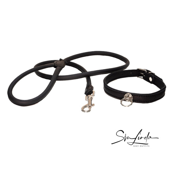 Set aus Elchleder Halsband schwarz 20mm und Leder Leine 120cm zum Sparpreis - SiaLinda.com