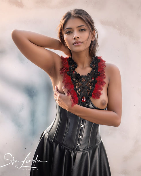 SiaLinda: Brustschmuck Rubina, schwarze Spitze, rote Federn und Strass Kristalle - SiaLinda.com