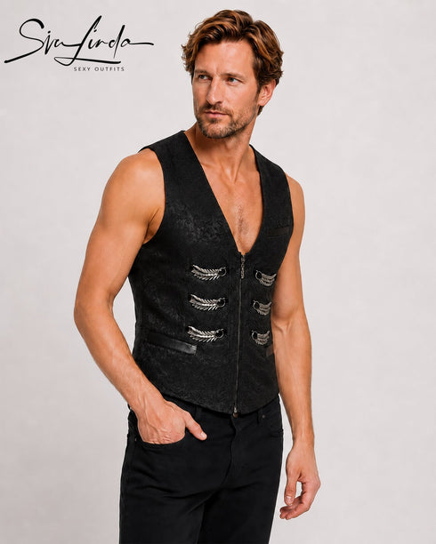 SiaLinda: Gothic Aristokrat Weste Herren Greif, schwarz, Jacquard, Flügel-Applikationen - SiaLinda.com