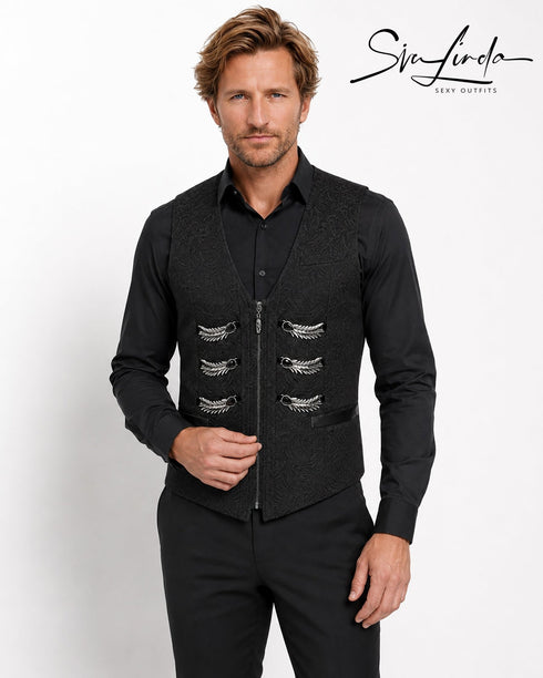 SiaLinda: Gothic Aristokrat Weste Herren Greif, schwarz, Jacquard, Flügel-Applikationen - SiaLinda.com