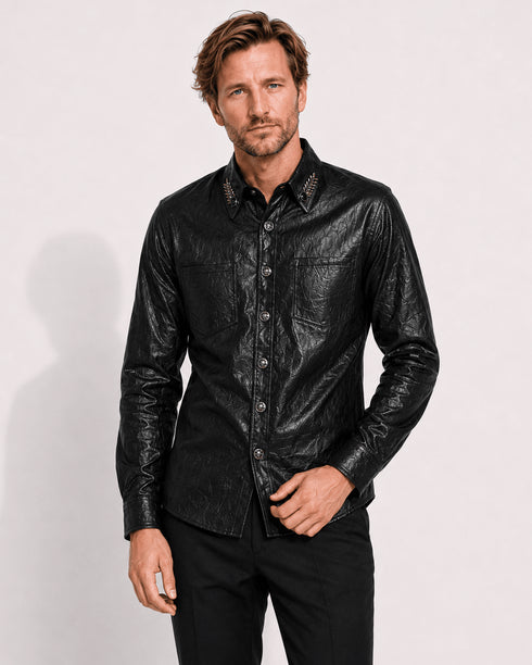 SiaLinda: Gothic Hemd Herren Falk, schwarz, Kunstleder Used-Look, Flügel-Applikation - SiaLinda.com