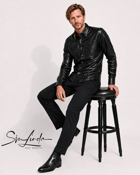 SiaLinda: Gothic Hemd Herren Falk, schwarz, Kunstleder Used-Look, Flügel-Applikation - SiaLinda.com