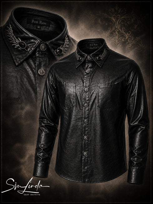 SiaLinda: Gothic Hemd Herren Falk, schwarz, Kunstleder Used-Look, Flügel-Applikation - SiaLinda.com