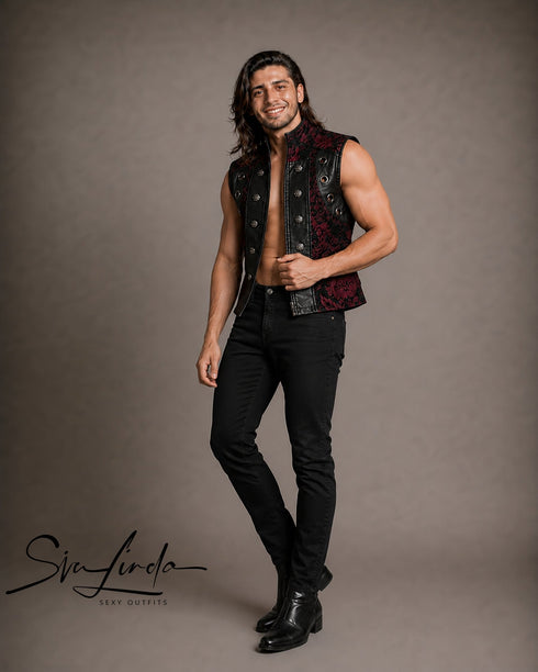 SiaLinda: Gothic Weste Herren schwarz rot Fero, Barock Brokat, ärmellos - SiaLinda.com