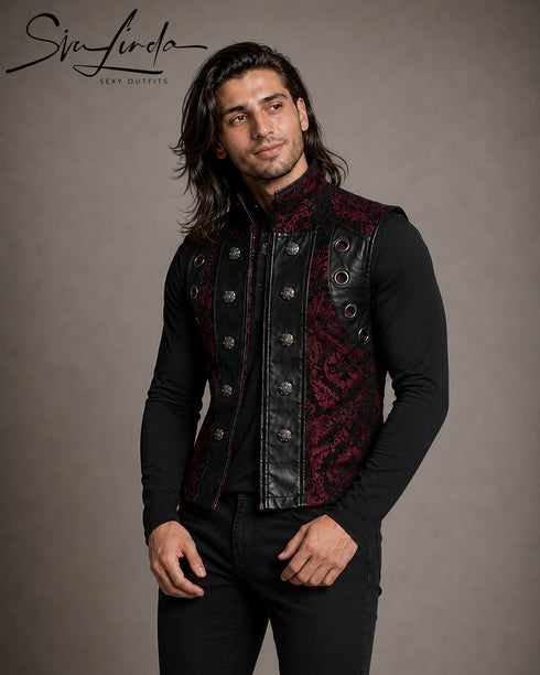 SiaLinda: Gothic Weste Herren schwarz rot Fero, Barock Brokat, ärmellos - SiaLinda.com
