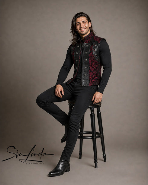 SiaLinda: Gothic Weste Herren schwarz rot Fero, Barock Brokat, ärmellos - SiaLinda.com