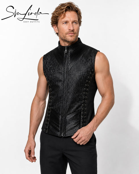 SiaLinda: Gothic Weste Herren Stehkragen Rune, schwarz, Jacquard, seitliche Schnürung - SiaLinda.com