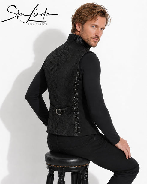 SiaLinda: Gothic Weste Herren Stehkragen Rune, schwarz, Jacquard, seitliche Schnürung - SiaLinda.com