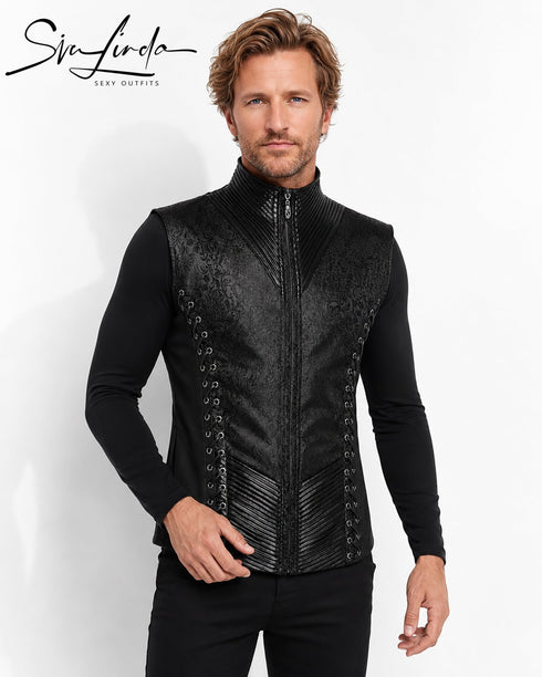 SiaLinda: Gothic Weste Herren Stehkragen Rune, schwarz, Jacquard, seitliche Schnürung - SiaLinda.com