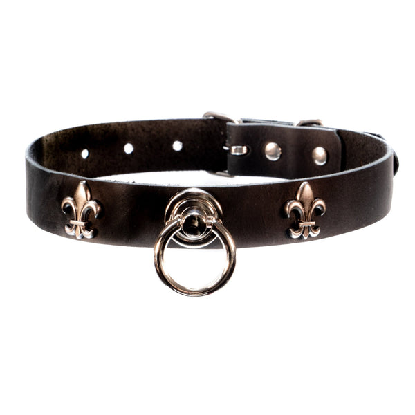 SiaLinda: Halsband echtes Leder schwarz mit großem O - Ring und zwei Königslilien, Geschenkverpackung - SiaLinda.com