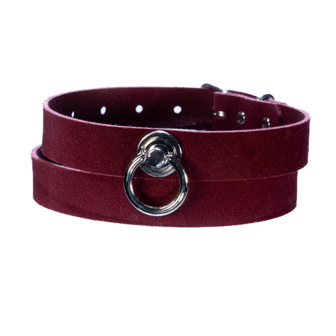 SiaLinda: Halsband Red Velvet, Veloursleder mit großem O - Ring 20mm, wein rot, Geschenkverpackung - SiaLinda.com