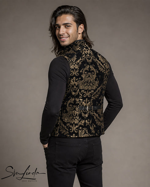 SiaLinda: Herrenweste schwarz gold Oro, Gothic Barock, Brokat, ärmellos - SiaLinda.com