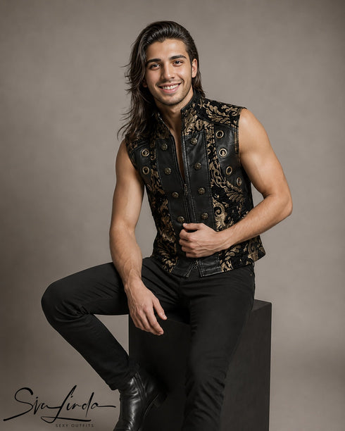 SiaLinda: Herrenweste schwarz gold Oro, Gothic Barock, Brokat, ärmellos - SiaLinda.com
