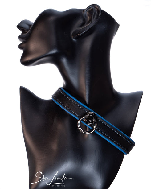 SiaLinda: Lederhalsband blau-schwarz mit O-Ring, Elchleder, 2 cm, zwei Längen - SiaLinda.com