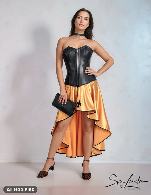 SiaLinda: O-Rock Aurelia, gold gelb, Satin, Lilien Applikation, asymmetrisch, geschlitzt - SiaLinda.com