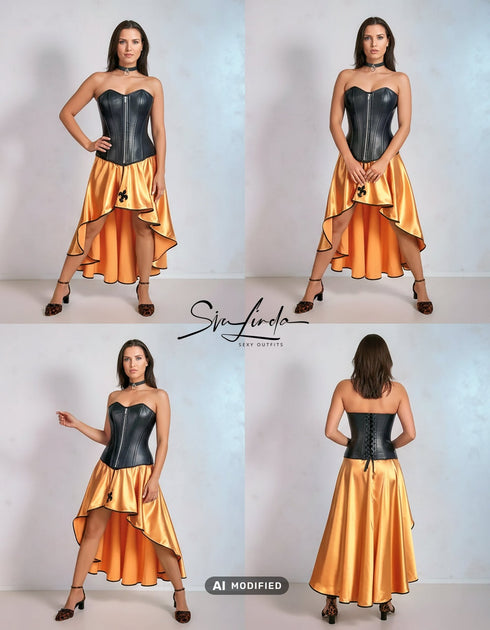 SiaLinda: O-Rock Aurelia, gold gelb, Satin, Lilien Applikation, asymmetrisch, geschlitzt - SiaLinda.com