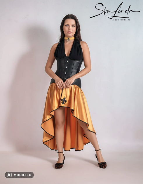 SiaLinda: O-Rock Aurelia, gold gelb, Satin, Lilien Applikation, asymmetrisch, geschlitzt - SiaLinda.com