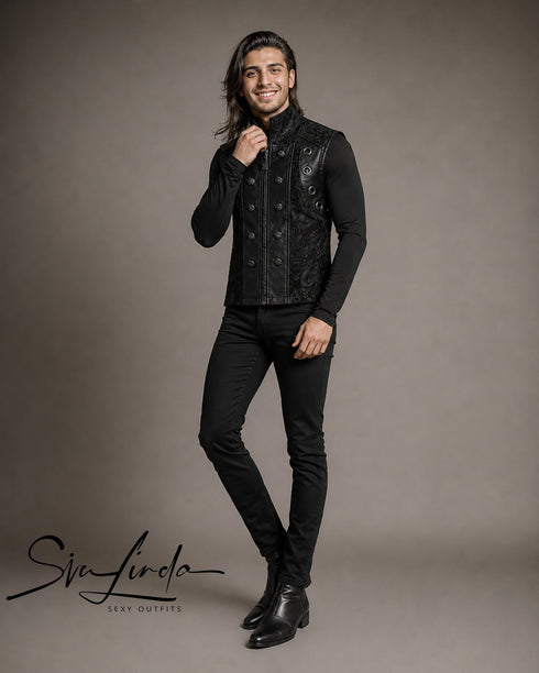SiaLinda: Schwarze Gothic Weste Herren Nero, Barock Brokat, ärmellos - SiaLinda.com