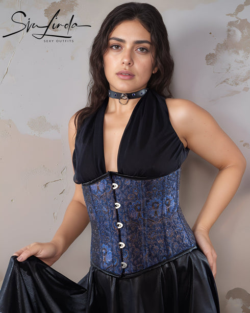 SiaLinda: Unterbrust Korsett Catalina, dunkel blau gold schwarz, Premiumkollektion - SiaLinda.com