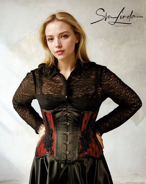 SiaLinda: Unterbrust Korsett Perola, rot schwarz, mit Perlen bestickt, Premiumkollektion - SiaLinda.com