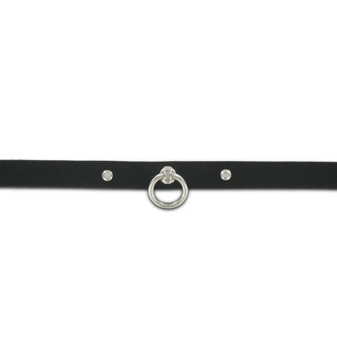 SiaLinda: Halsband echtes Leder schwarz mit 2 Straß - Kristallen und großem O-Ring 20mm, Geschenkverpackung