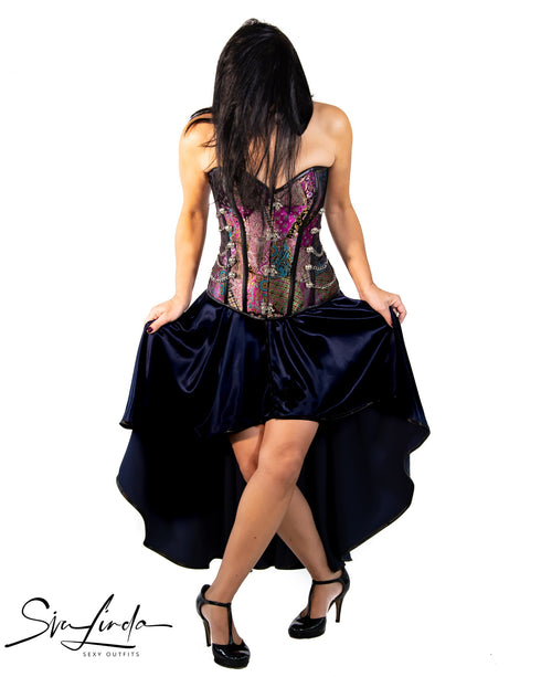 SiaLinda: Rock Saphira II, dunkel blau, Satin, Lilien Applikation, asymmetrisch, geschlitzt