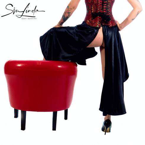 SiaLinda: Rock Saphira II, dunkel blau, Satin, Lilien Applikation, asymmetrisch, geschlitzt