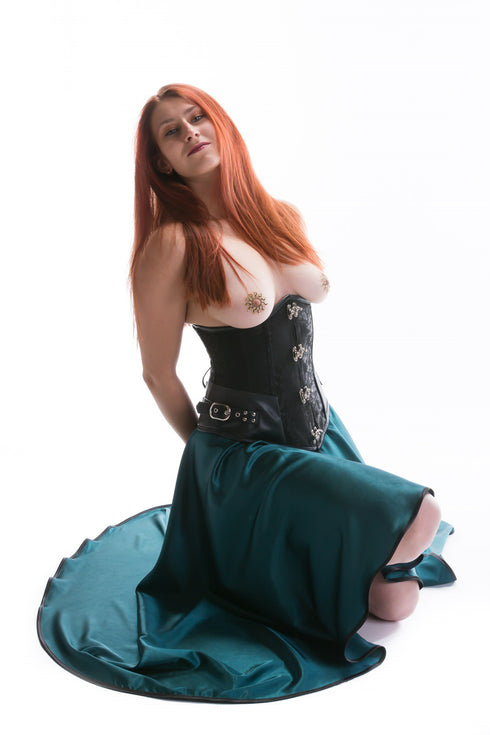 SiaLinda: Rock Vanessa, petrol - türkis grün, Satin, Lilien Applikation, asymmetrisch, geschlitzt