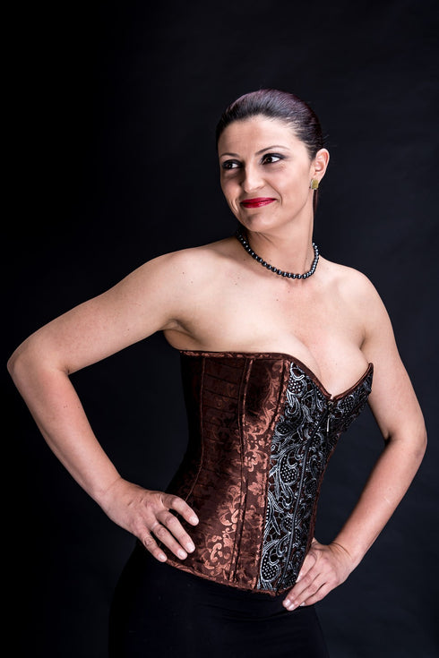SiaLinda: Überbrust Korsett Ines, braun silber, Jacquard, elegant, Topqualität