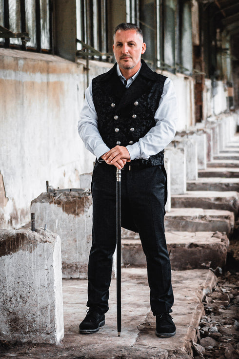 SiaLinda for Men: Frack Weste Gorm, Jacquard, Samt, breiter Kragen, schwarz