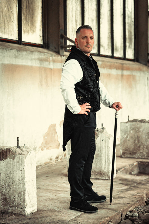 SiaLinda for Men: Frack Weste Gorm, Jacquard, Samt, breiter Kragen, schwarz