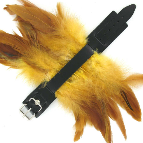 SiaLinda: 2er Set Federarmband Zaha gelb braun, mit Federn und schwarzem Leder, einstellbar