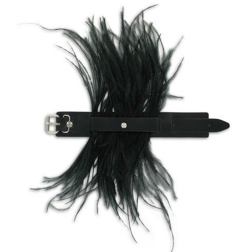 SiaLinda: Federarmband Mayra, mit schwarzen Marabu Federn, schwarzes Leder, einstellbar