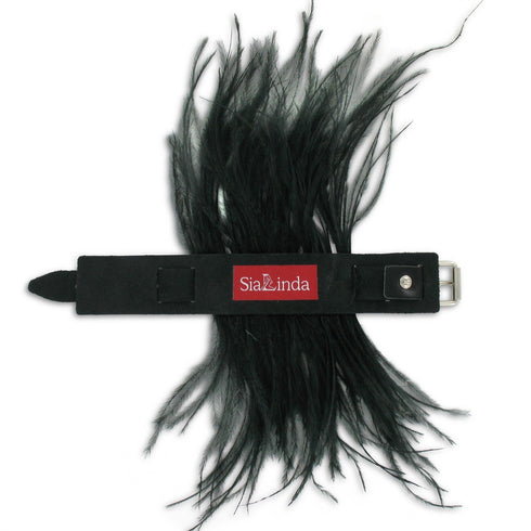 SiaLinda: Federarmband Mayra, mit schwarzen Marabu Federn, schwarzes Leder, einstellbar