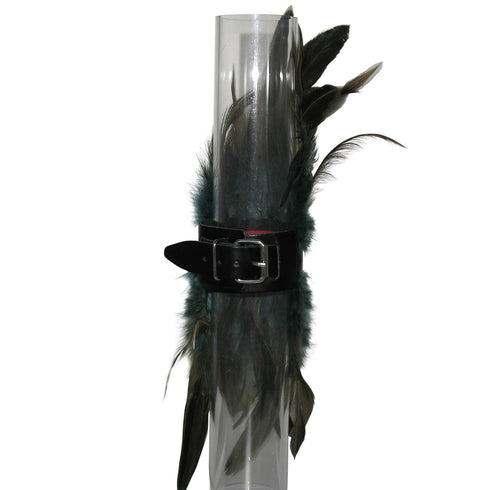 SiaLinda: Federarmband Zaha blau grau, mit Federn und schwarzem Leder, einstellbar - SiaLinda.com