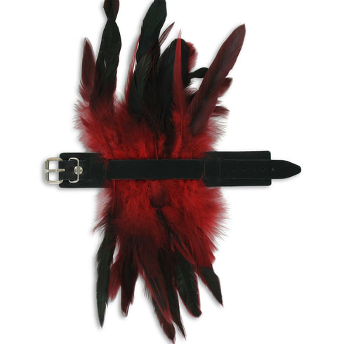 SiaLinda: Federarmband Zaha rot, mit Federn und schwarzem Leder, einstellbar - SiaLinda.com