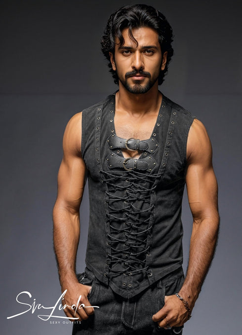 SiaLinda for Men: Shirt Haldor, ärmellos, Schnürung, schwarz, Baumwolle - SiaLinda.com