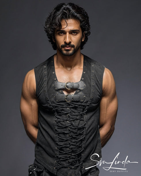 SiaLinda for Men: Shirt Haldor, ärmellos, Schnürung, schwarz, Baumwolle - SiaLinda.com