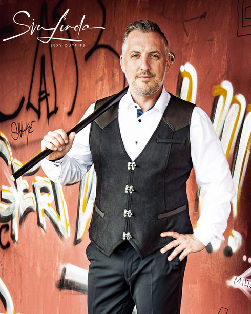 SiaLinda for Men: Weste Sigurd, Taschenverschlüsse, Baumwolle, Kunstleder, schwarz - SiaLinda.com