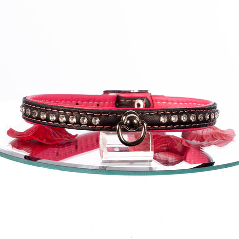 SiaLinda: Halsband echtes Elch Leder mit kl. O-Ring und Strass, schwarz / pink 14 mm breit - SiaLinda.com