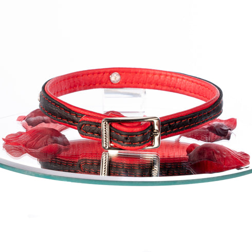 SiaLinda: Halsband echtes Elch Leder mit kl. O-Ring und Strass, schwarz / rot 14 mm breit - SiaLinda.com