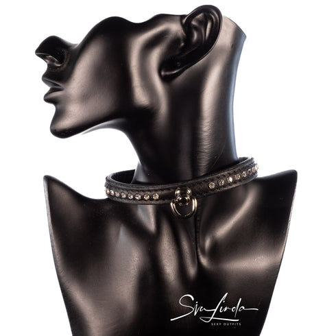SiaLinda: Halsband echtes Elch Leder mit kl. O-Ring und Strass, schwarz / schwarz 14 mm breit - SiaLinda.com