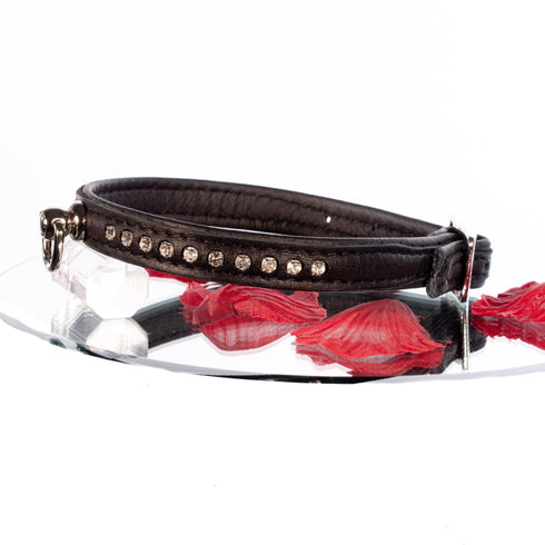 SiaLinda: Halsband echtes Elch Leder mit kl. O-Ring und Strass, schwarz / schwarz 14 mm breit - SiaLinda.com