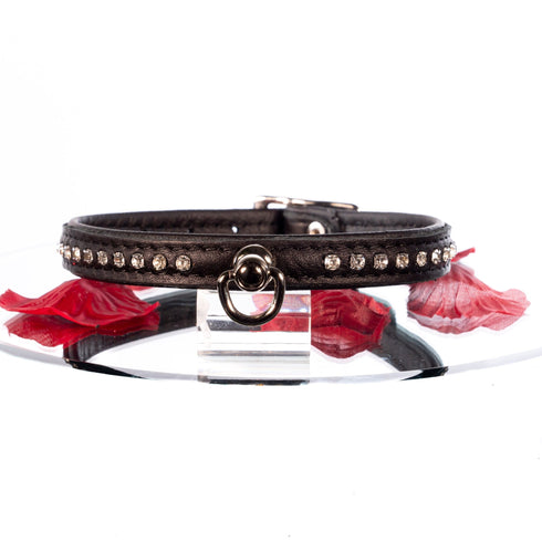 SiaLinda: Halsband echtes Elch Leder mit kl. O-Ring und Strass, schwarz / schwarz 14 mm breit - SiaLinda.com