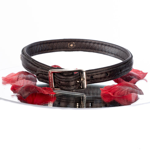 SiaLinda: Halsband echtes Elch Leder mit kl. O-Ring und Strass, schwarz / schwarz 14 mm breit - SiaLinda.com