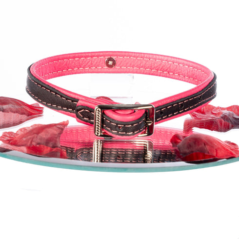 SiaLinda: Halsband echtes Elch Leder mit kl. O-Ring, zweifarbig, schwarz / pink 14 mm breit - SiaLinda.com