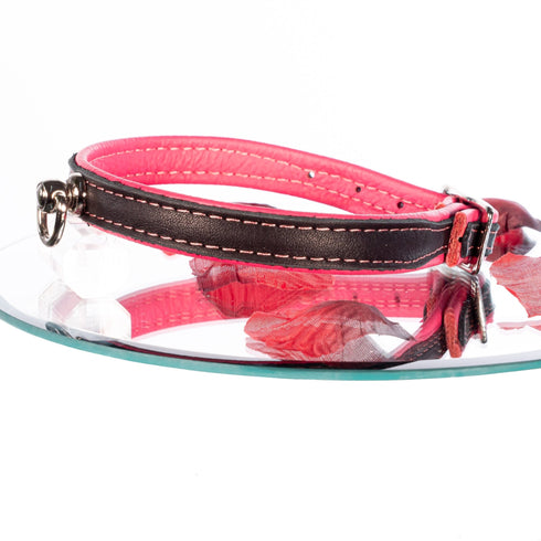 SiaLinda: Halsband echtes Elch Leder mit kl. O-Ring, zweifarbig, schwarz / pink 14 mm breit - SiaLinda.com
